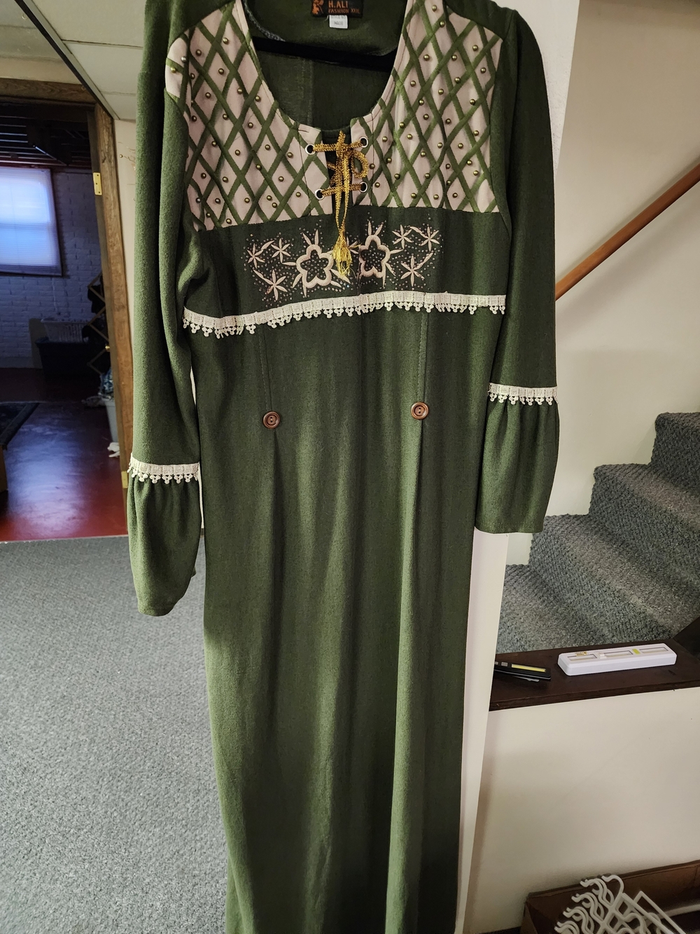 H'Ali Heavy Cotton Olive Green Long Sleeve Embroidered Women's Maxi Dress 3x